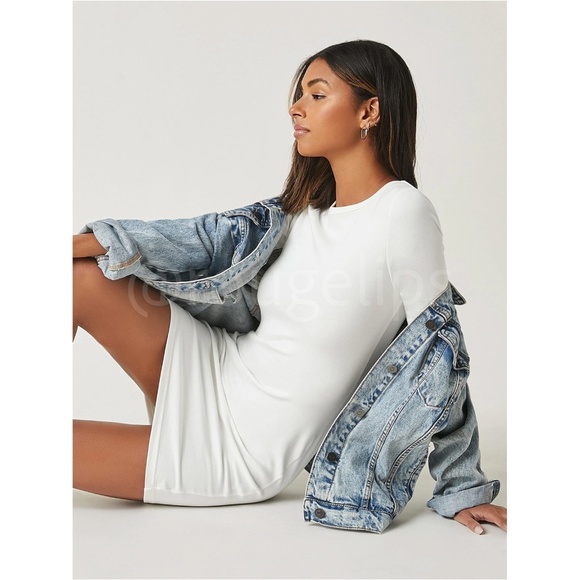 Plain White Casual Long Sleeve Slim Mini Dress Round Neck - Picture 5 of 6